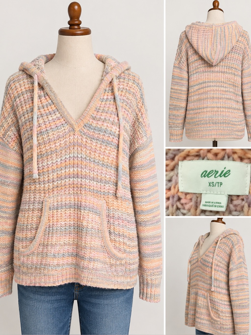 aerie Pastel Striped V‑Neck Hoodie Sweater - Pink, Peach, Light Blue